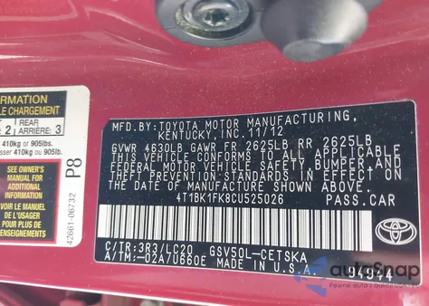 2012 Toyota Camry Se V6 из США, поврежденный, VIN 4T1BK1FK8CU525026